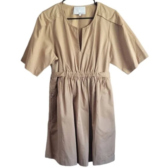 3.1 PHILLIP LIM Dress 2 Khaki Cotton Twill Short Sleeve Minimalist Neutral Trip - Picture 4 of 12